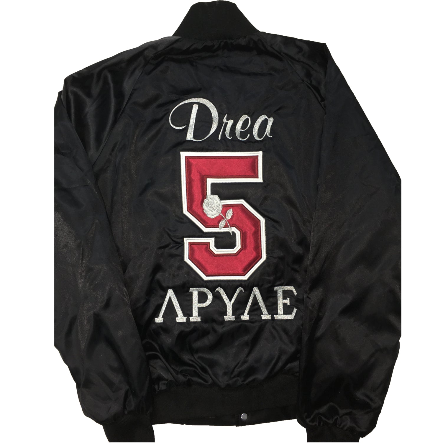 Satin Baseball Jacket with Applique Greek Letters