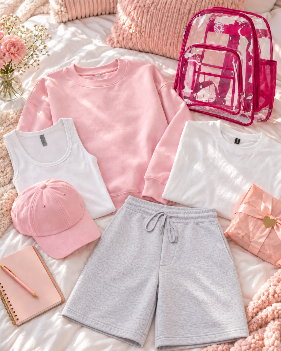 Pink Campus Darling kit with sweatshirt, shorts, white tee, tank, cap and clear backpack with hot pink trim