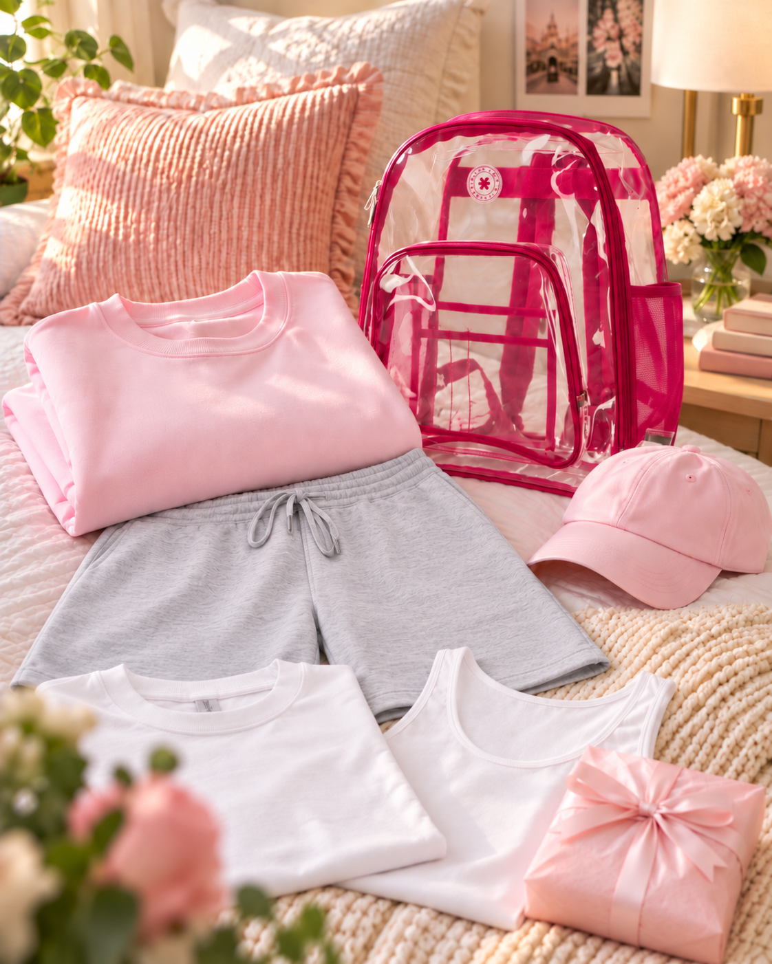 Pink Campus Darling kit, folded sweatshirt and the full set arranged in a dorm room
