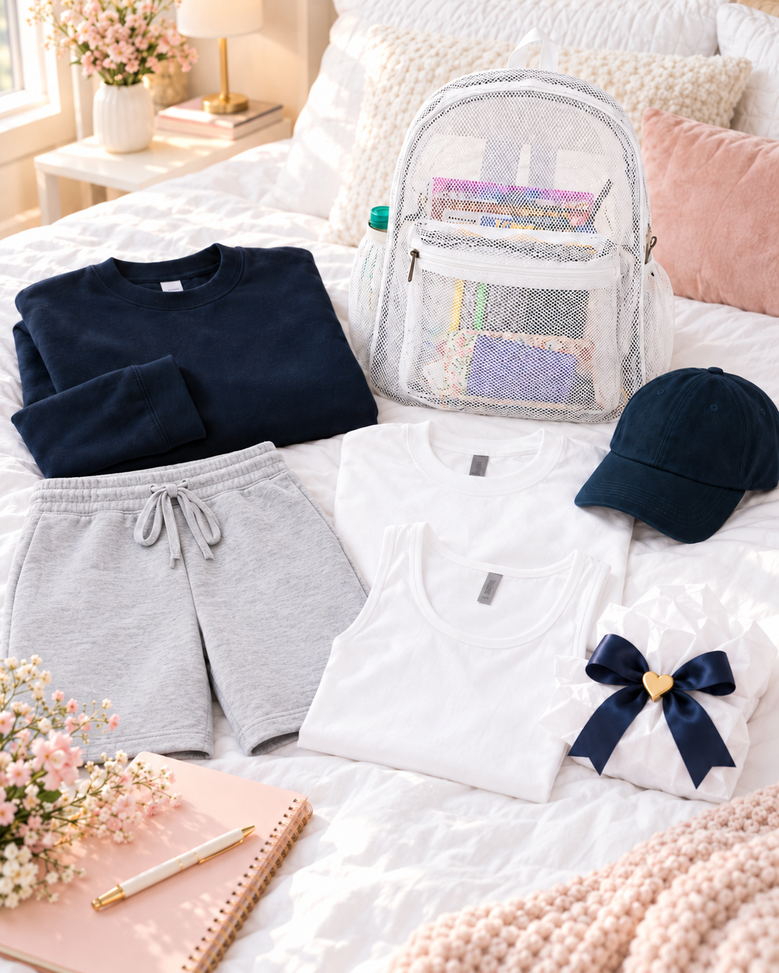 Navy Campus Darling kit with navy sweatshirt and cap, gray shorts, white tee and tank, and white mesh backpack