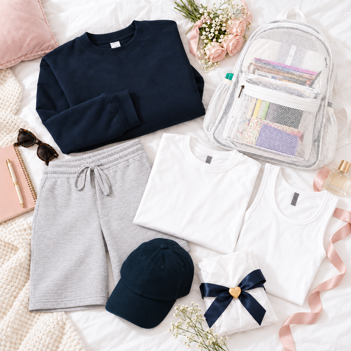 Navy Campus Darling kit arranged at an angle in a dorm room