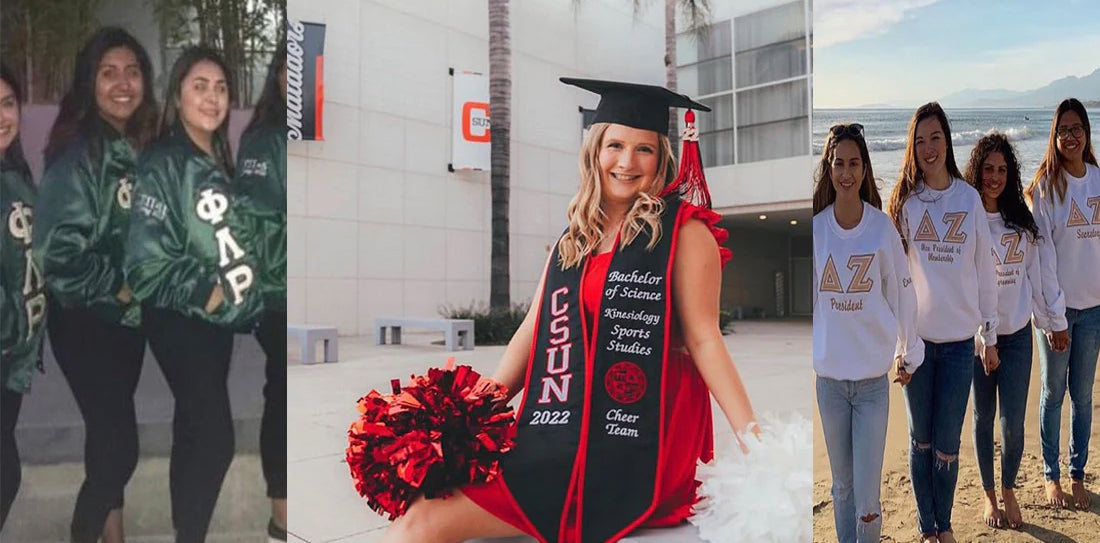 Rochie's Originals custom Greek life jacket, CSUN graduation sash, and Delta Zeta crewneck sweatshirts worn by real customers